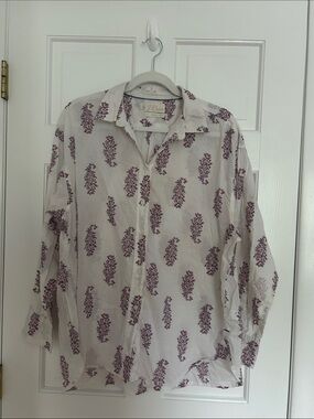 J. Crew Cream Button-Down Shirt with Purple Print